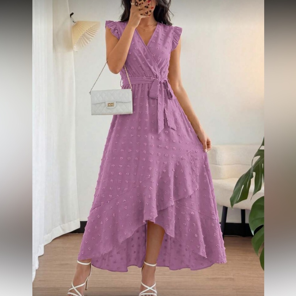 Elegant Purple  High-Low Midi Dress with Tie Waist